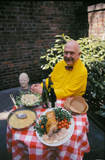 james beard and red checkered tablecloth